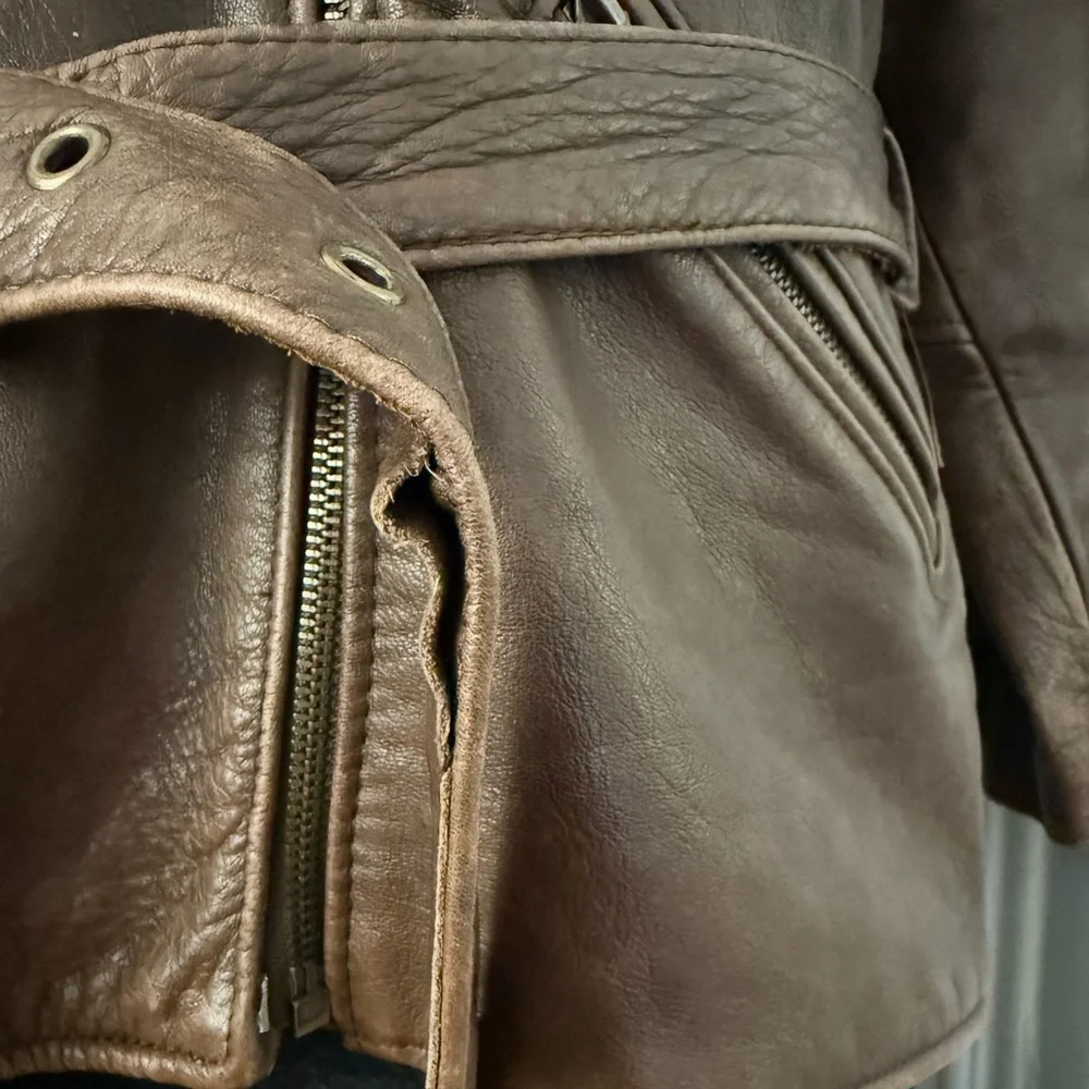 Vintage Gil Bret Brown Leather Belted Moto Jacket Distressed Biker Coat - Picture 13 of 13